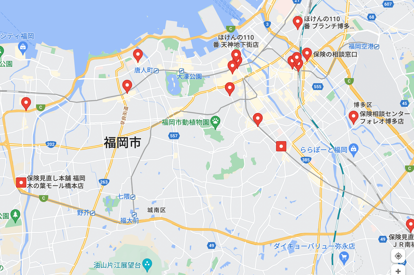 福岡市の保険相談窓口のマップ